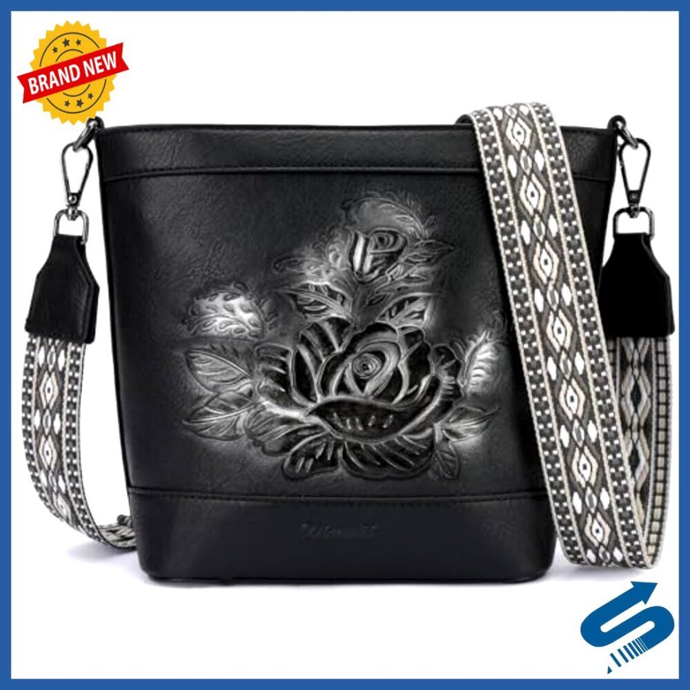 Vegan Leather Crossbody Bucket Bag Embossed Design Adjustable Straps Everyday - Picture 7 of 7